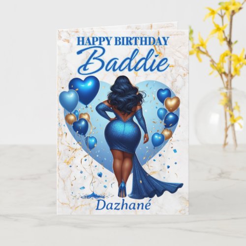 Curvy African American Woman Blue Glam Birthday Card