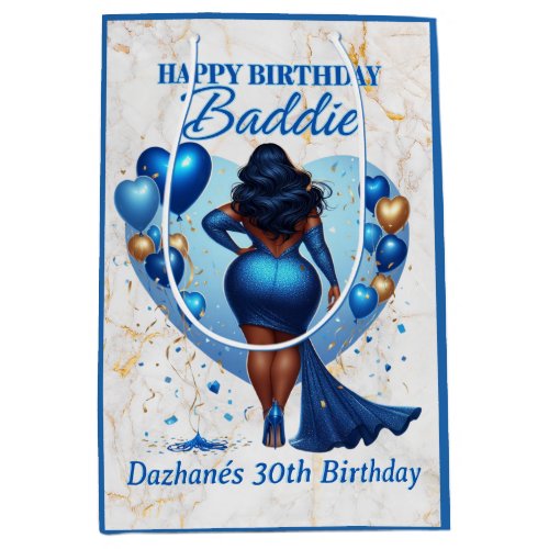Curvy African American Woman Blue Glam Birthday  Medium Gift Bag