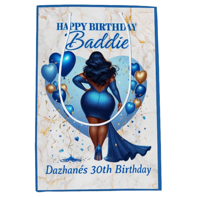 Curvy African American Woman Blue Glam Birthday  Medium Gift Bag (Front)