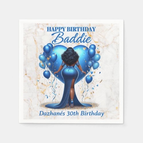 Curvy African American Woman Blue Glam Birthday  Napkins