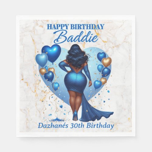 Curvy African American Woman Blue Glam Birthday  Napkins