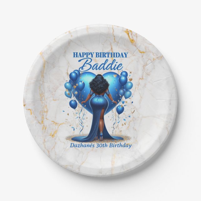 Curvy African American Woman Blue Glam Birthday  Paper Plates (Front)
