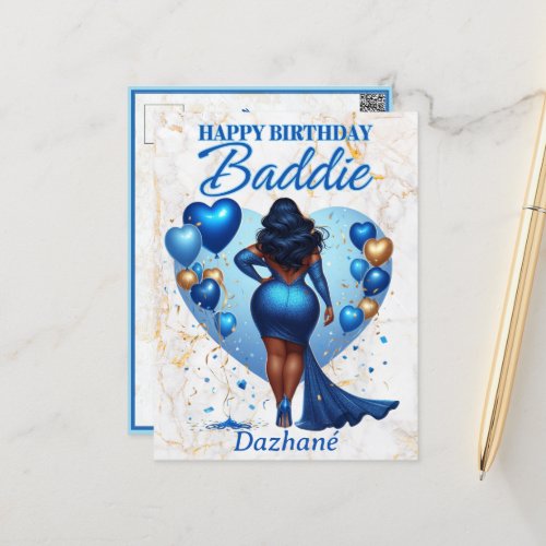 Curvy African American Woman Blue Glam Birthday Postcard