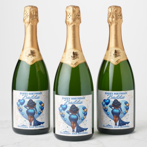 Curvy African American Woman Blue Glam Birthday  Sparkling Wine Label