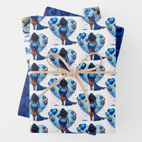 Curvy African American Woman Glam Blue Birthday Wrapping Paper Sheets