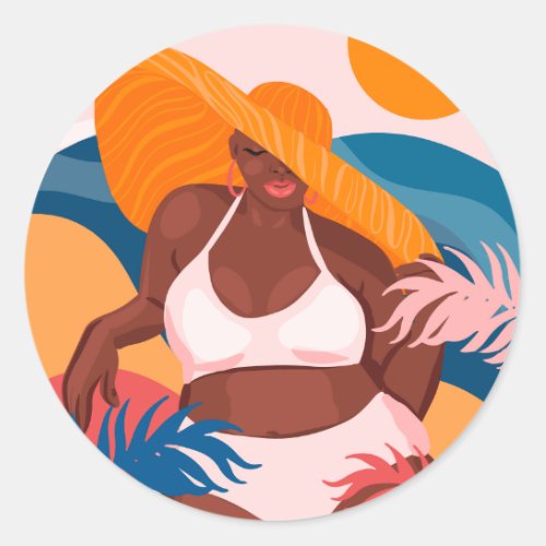 Curvy Black Woman Beach Vacation Ready Classic Round Sticker