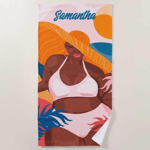 Curvy Black Woman Beach Vacation Ready Name Beach Towel