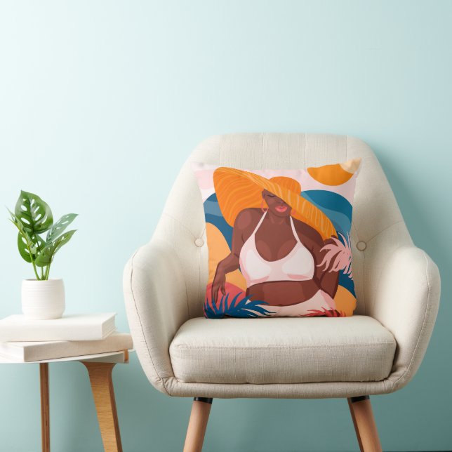 Curvy Black Woman, Beach Vacation Ready Throw Pillow (Chair)