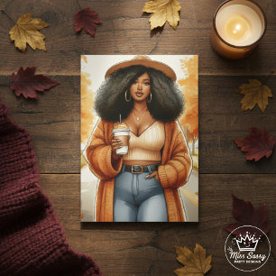 Curvy Black Woman Cozy Fall Coffee Thanksgiving Card