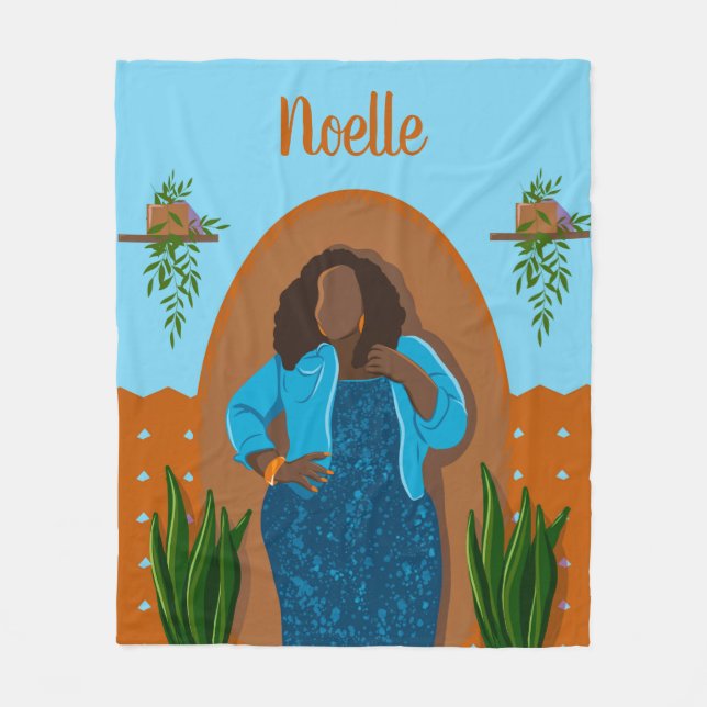 Curvy, Black Woman, Houseplants, Orange & Blue Fleece Blanket (Front)