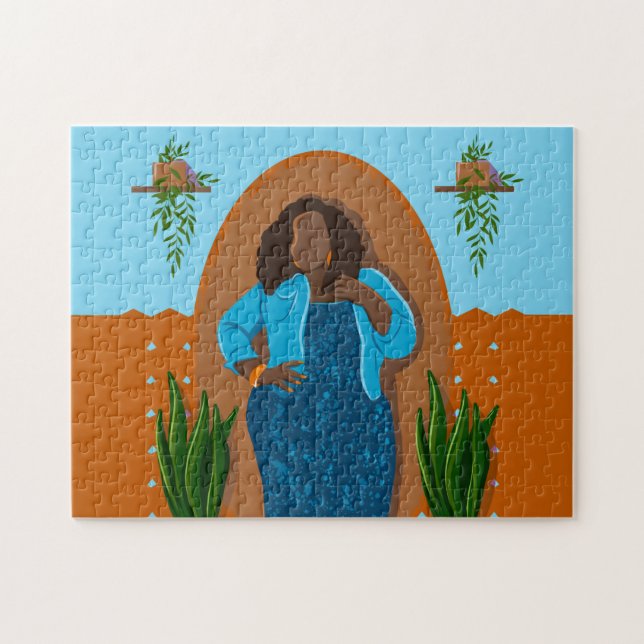 Curvy, Black Woman, Houseplants, Orange & Blue Jigsaw Puzzle (Horizontal)