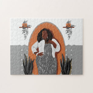 Curvy, Black Woman, Houseplants, Orange & Gray Jigsaw Puzzle