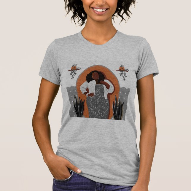 Curvy, Black Woman, Houseplants, Orange & Gray T-Shirt (Front)