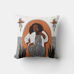 Curvy, Black Woman, Houseplants, Orange & Gray Throw Pillow