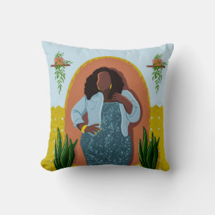 Curvy, Black Woman, Houseplants, Yellow & Blue Throw Pillow