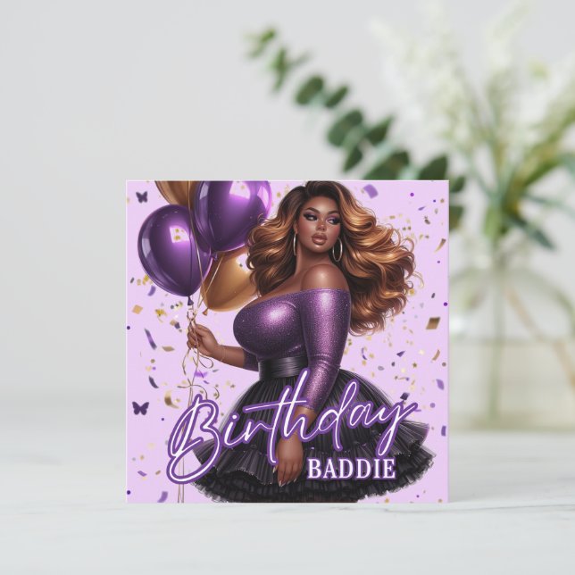 Curvy Glam African American Woman Purple Birthday Card (Standing Front)
