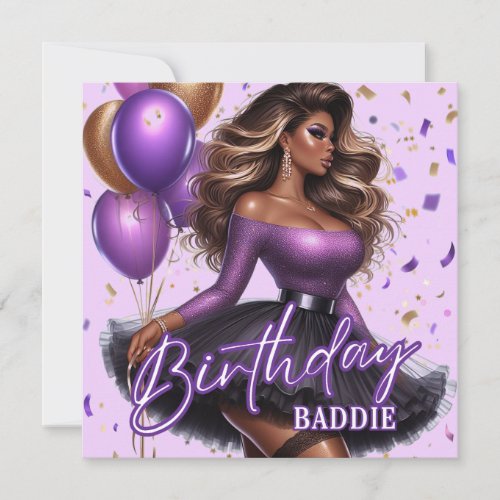 Curvy Glam African American Woman Purple Birthday Card