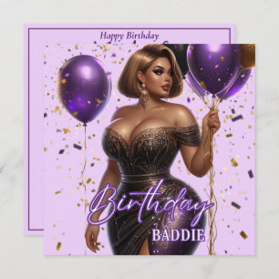 Curvy Glam African American Woman Purple Birthday Card