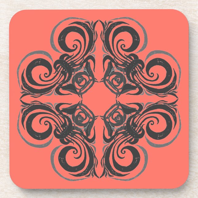 Curvy Graphite & Coral Retro Beverage Coaster (Front)