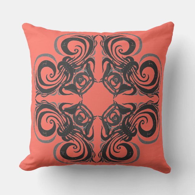 Curvy Graphite & Coral Retro Throw Pillow (Front)