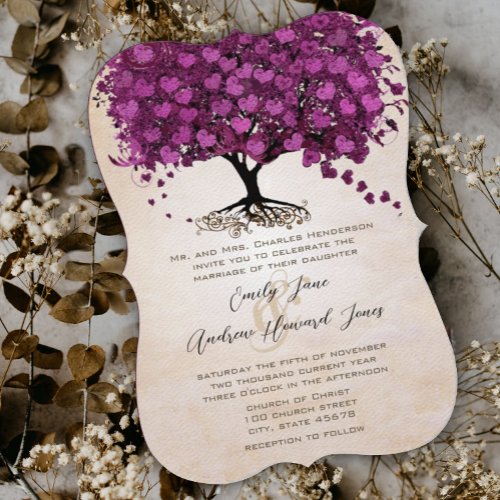 Curvy Peach Purple Heart Leaf Tree Wedding  Invitation