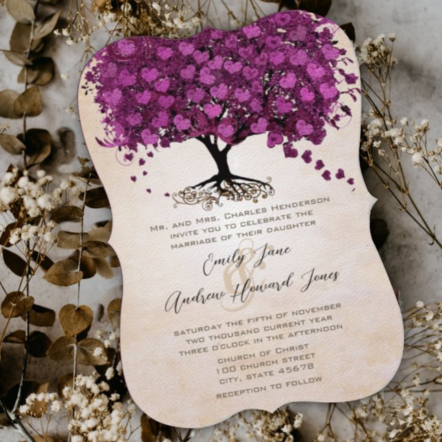 Curvy Peach Purple Heart Leaf Tree Wedding  Invitation (Creator Uploaded)