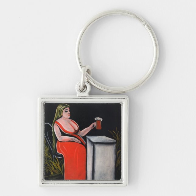 Curvy Woman with a Mug of Beer Keychain (Front)