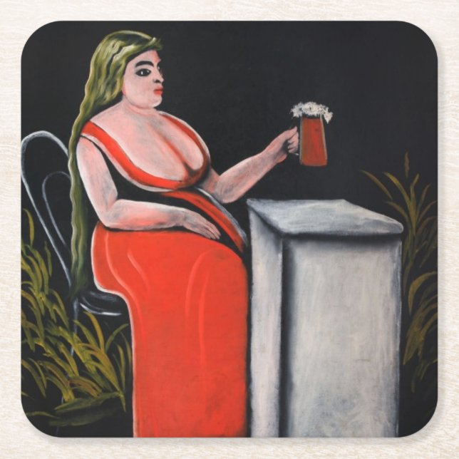 Curvy Woman with a Mug of Beer Square Paper Coaster (Front)
