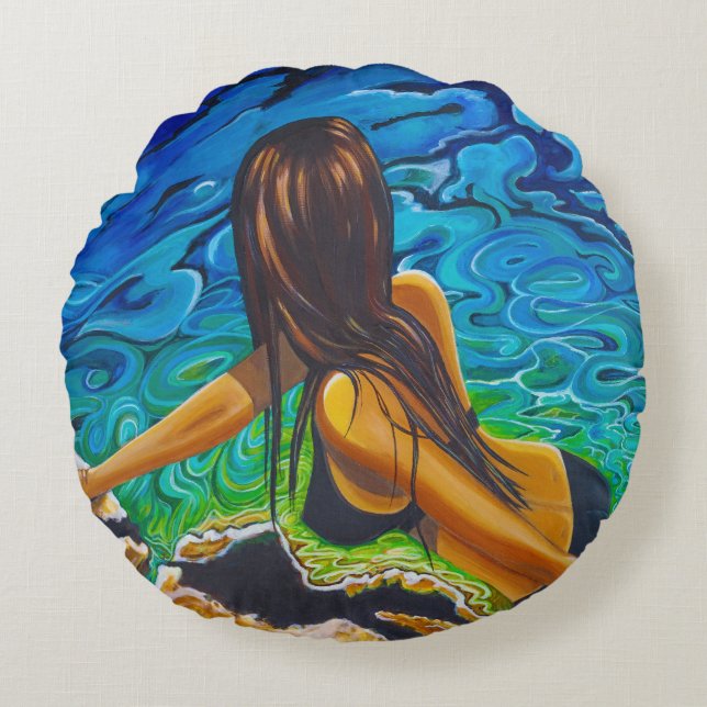 Cushion with unique painting of woman in rockpool (Front)