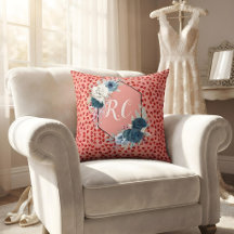 Cusotm Monogram Cute Red Heart & Dusty Blue Floral