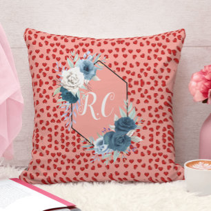 Cusotm Monogram Dusty Blue Floral & Cute Red Heart Throw Pillow