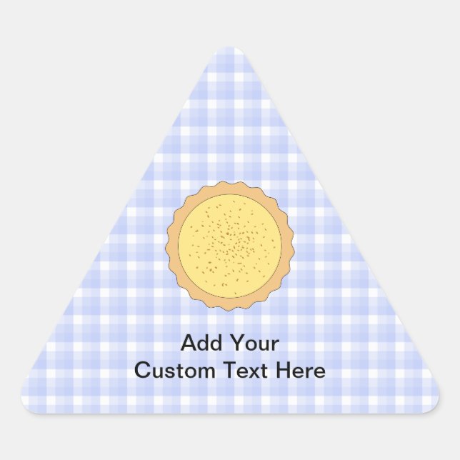 Custard Pie. Yellow Tart, with Blue Gingham. Triangle Sticker (Front)