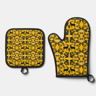 Custard Woodland Oak Leaf Nature Rustic Oven Mitt & Pot Holder Set