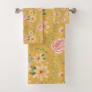 Custard Yellow Elegant Vintage Wildflower Pattern  Bath Towel Set