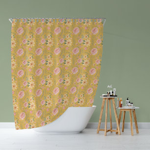 Custard Yellow Vintage Wildflower Rose Pattern Shower Curtain