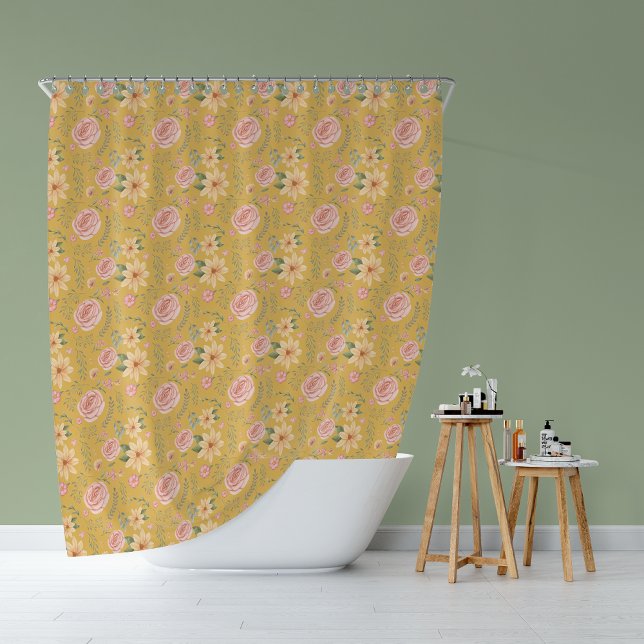 Custard Yellow Vintage Wildflower Rose Pattern  Shower Curtain (Custard Yellow Vintage Wildflower Rose Pattern Shower Curtain)