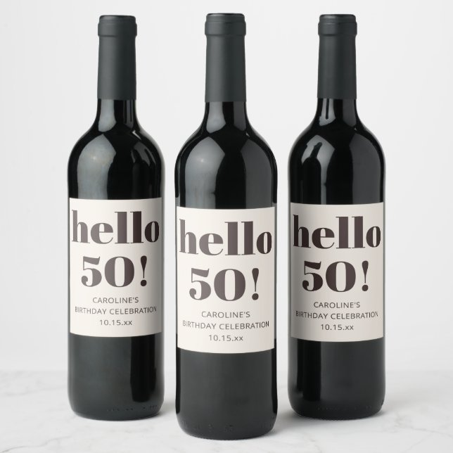 Custo Ivory Cream Brown Modern 50th Birthday Party Wine Label (Bottles)