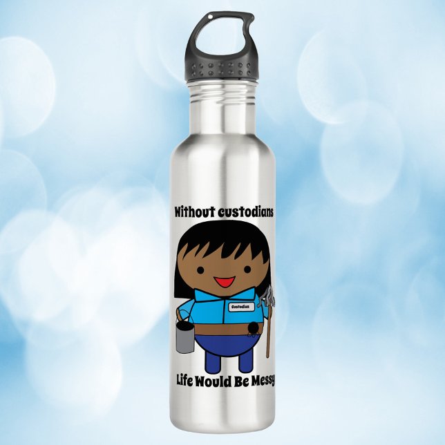 Custodian Janitor Black Female Kawaii Stainless Steel Water Bottle (A water bottle with a black woman janitor and the text, "Without custodians life would be messy")