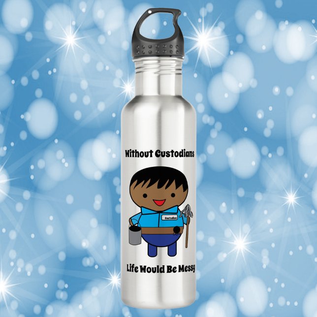 Custodian Janitor Life Messy Black Male Stainless Steel Water Bottle (A water bottle with a black male custodian and the text "Without custodians life would be messy".)