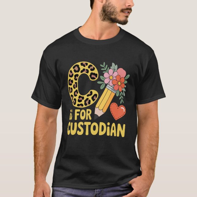 Custodian Leopard Janitor and Flowers T-Shirt (Front)