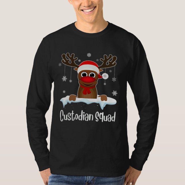 Custodian Squad Xmas Reindeer Santa Hat Christmas  T-Shirt (Front)