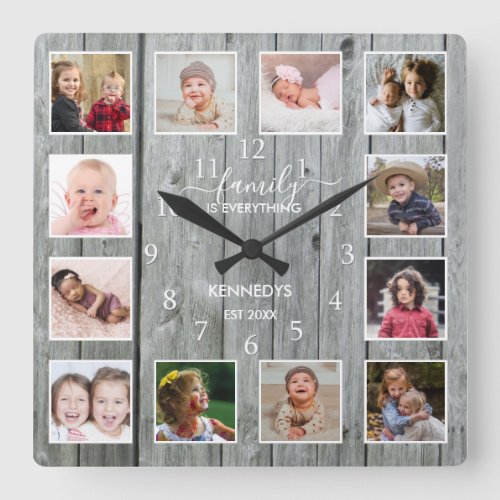 Custom12 Photo Collage Family Quote Gray Wood   Square Wall Clock