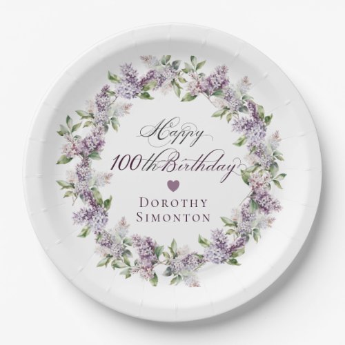 Custom 100th Birthday Purple Lilac Spring Flower Paper Plates