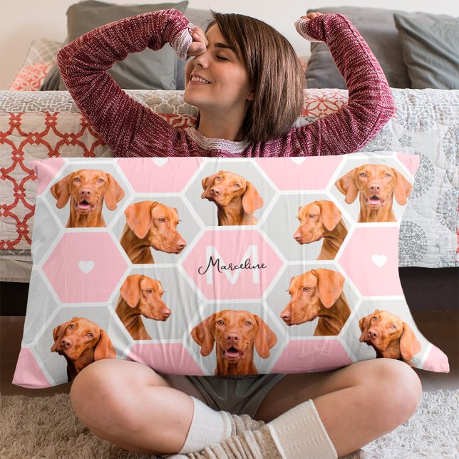 Custom 10 Dog Photo Collage Monogram Pink Grey Accent Pillow (Dog Photo Collage Accent Pillow)