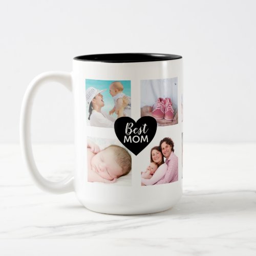 Custom 10 Photo Collage Best Mum Black Heart Two_Tone Coffee Mug