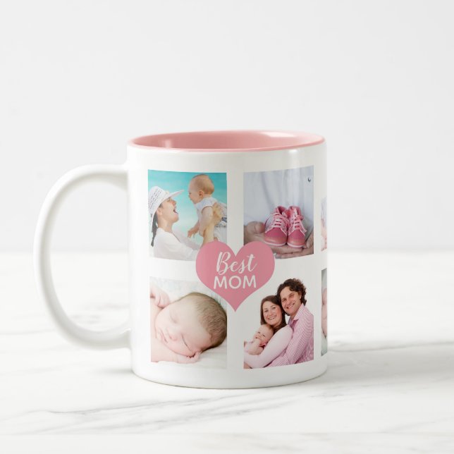 Custom 10 Photo Collage Best Mum Pink Hearts Two-Tone Coffee Mug (Left)