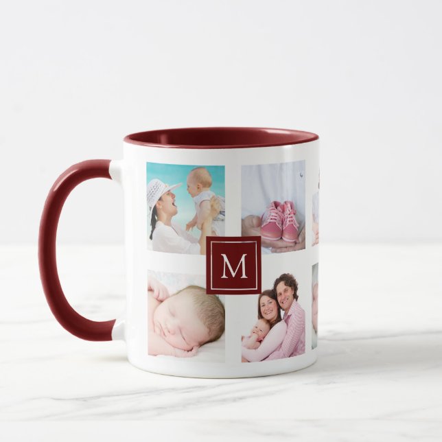 Custom 10 Photo Collage Maroon Monogram Mug (Left)