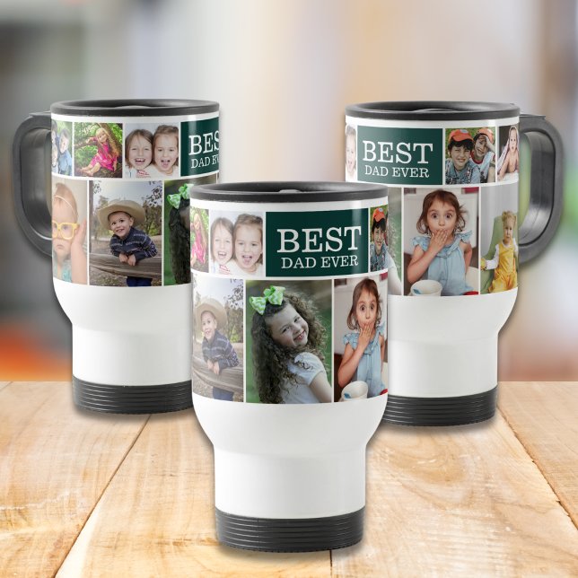 Custom 10 Picture Collage Best Dad Ever Green Travel Mug (Creator Uploaded)