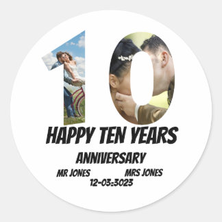 Custom 10 Years Anniversary 2 Photo collage Classic Round Sticker