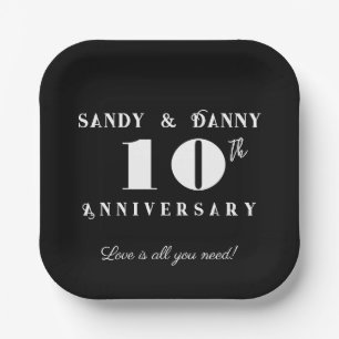 Custom 10th Anniversary script black white modern  Paper Plates